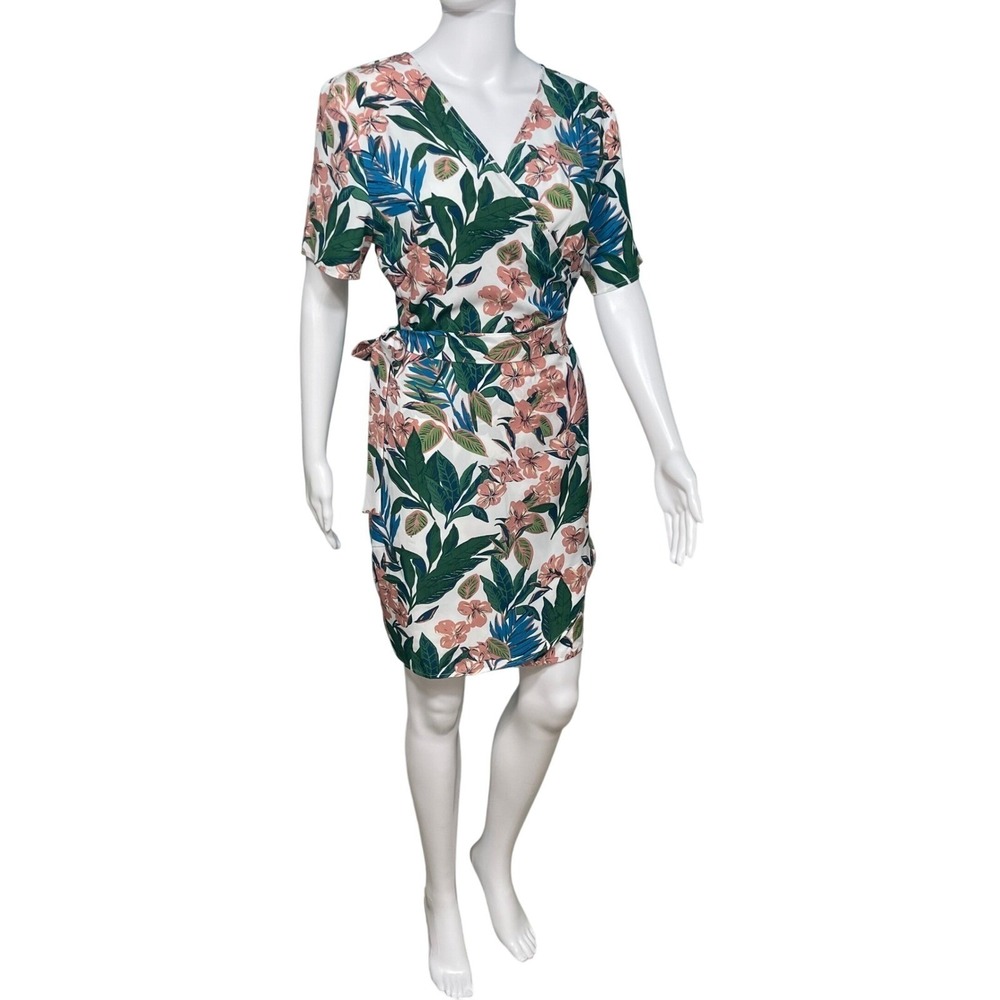 NWT XL Tropical Floral Wrap Island Beach Resort Wedding Guest Dress Short Sleeve - Picture 2 of 9